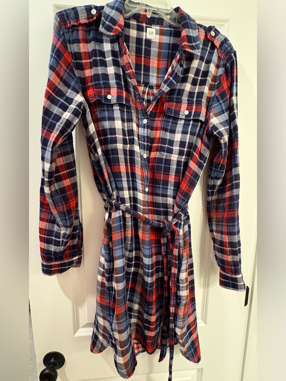 GAP Plaid Button-Front Shirtdress in Navy, Red & White M